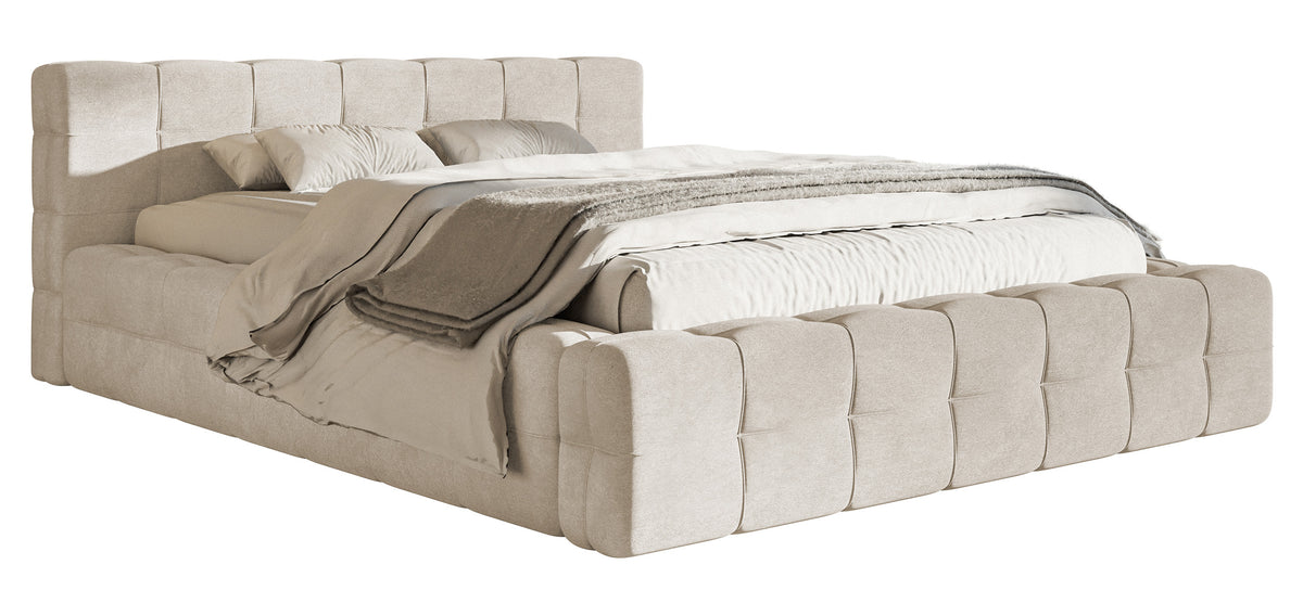 Gepolstertes Bett Puffly 160x200 cm mit Stauraum, Metallrahmen, grau-beiger Samt