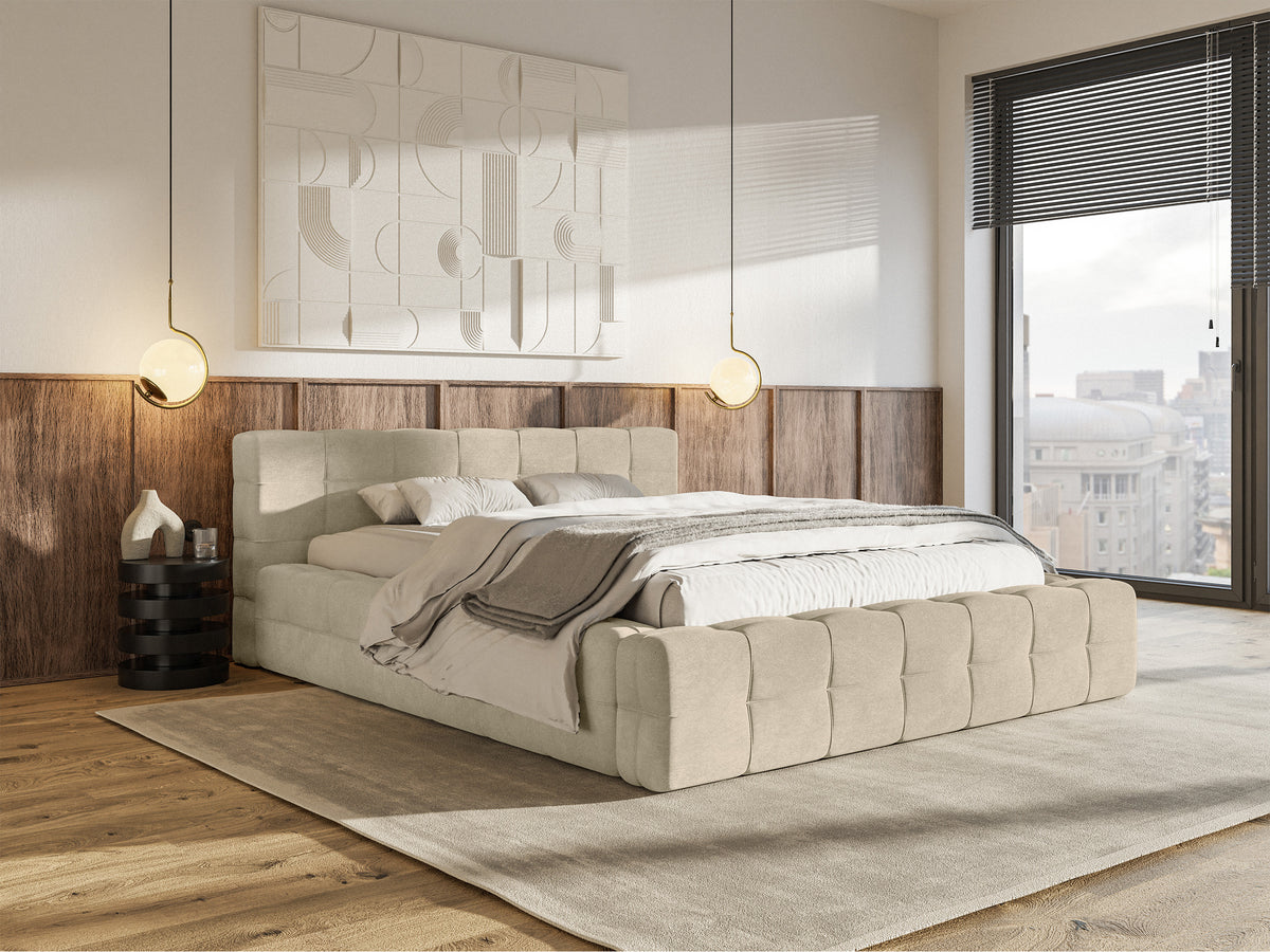 Lit tapissé Puffly 180x200 cm avec rangement, cadre métallique, velours beige
