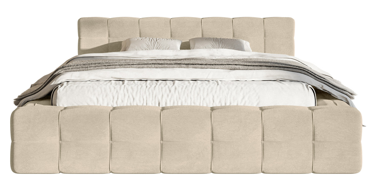 Lit tapissé Puffly 180x200 cm avec rangement, cadre métallique, velours beige