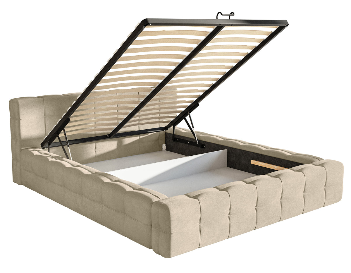 Lit tapissé Puffly 180x200 cm avec rangement, cadre métallique, velours beige