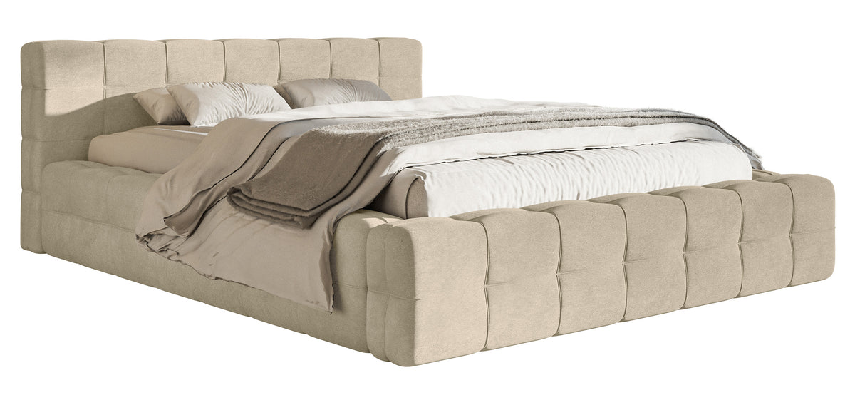 Lit tapissé Puffly 180x200 cm avec rangement, cadre métallique, velours beige