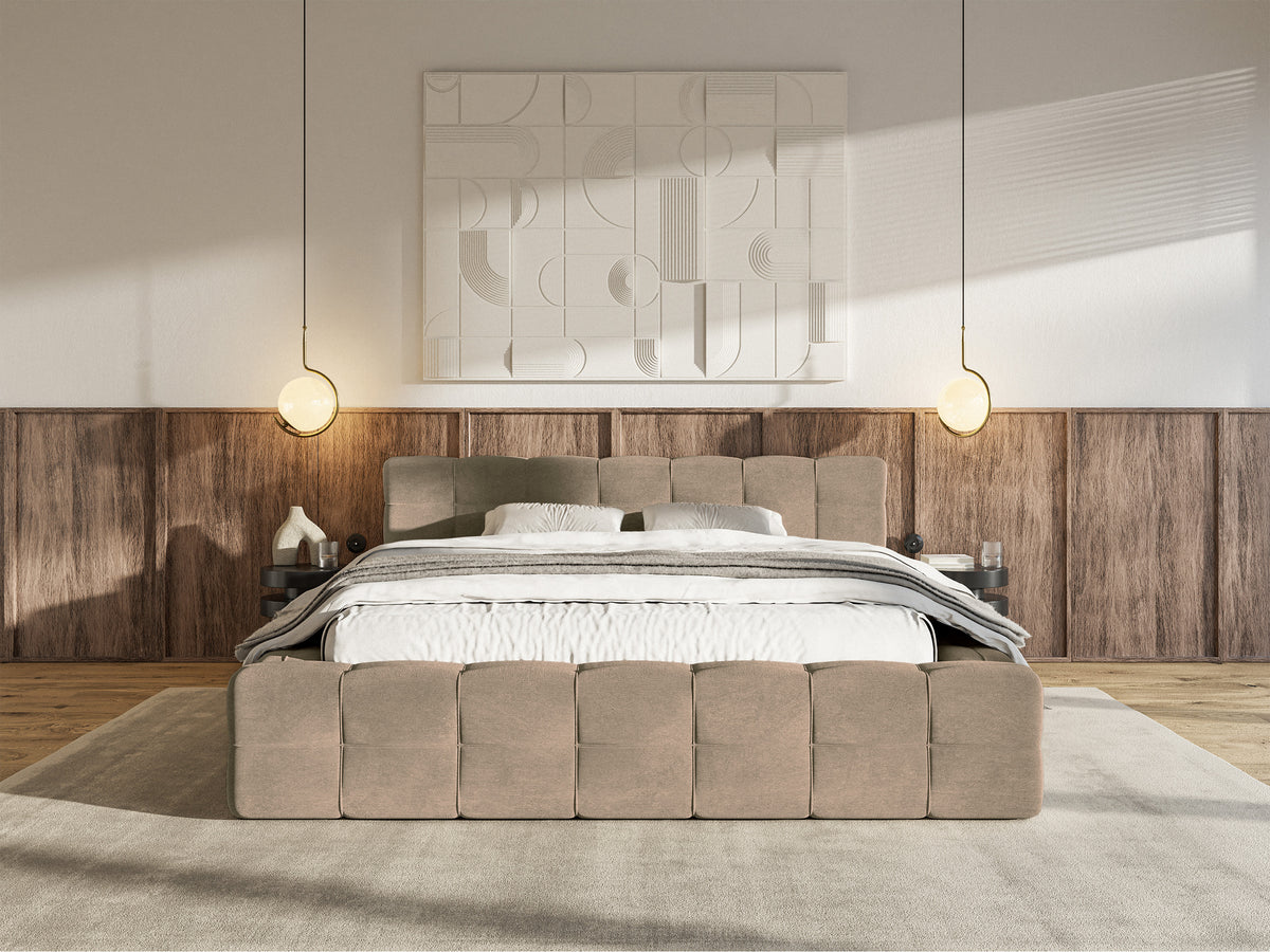 Gepolstertes Bett Puffly 160x200 cm mit Stauraum, Metallrahmen, dunkelbeiger Samt