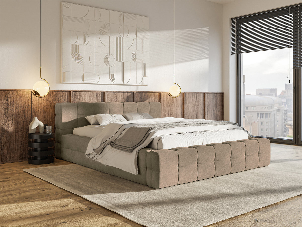 Lit tapissé Puffly 160x200 cm avec rangement, cadre métallique, velours beige foncé