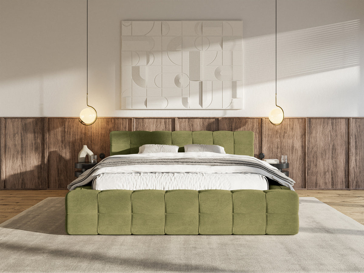 Lit tapissé Puffly 160x200 cm avec rangement, sommier métallique, velours olive
