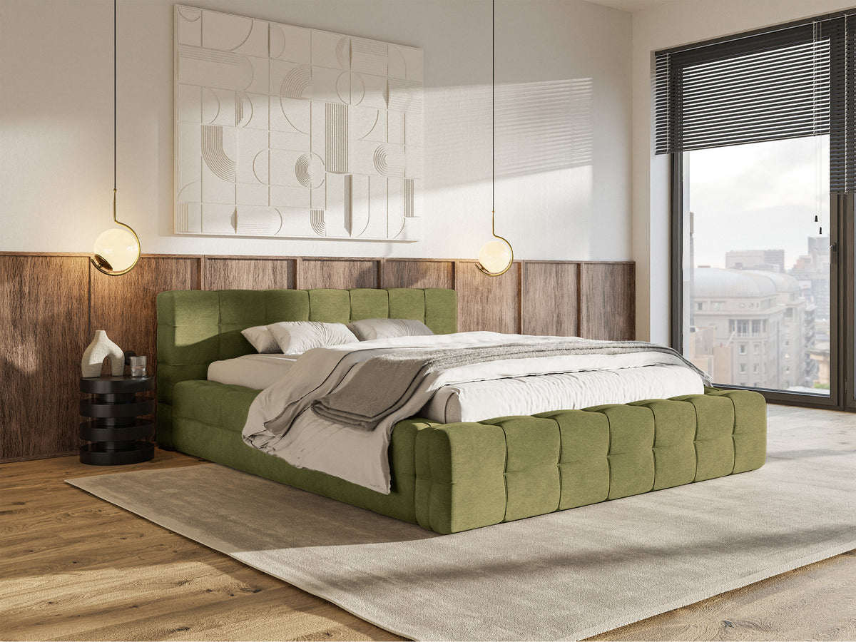 Lit tapissé Puffly 160x200 cm avec rangement, sommier métallique, velours olive