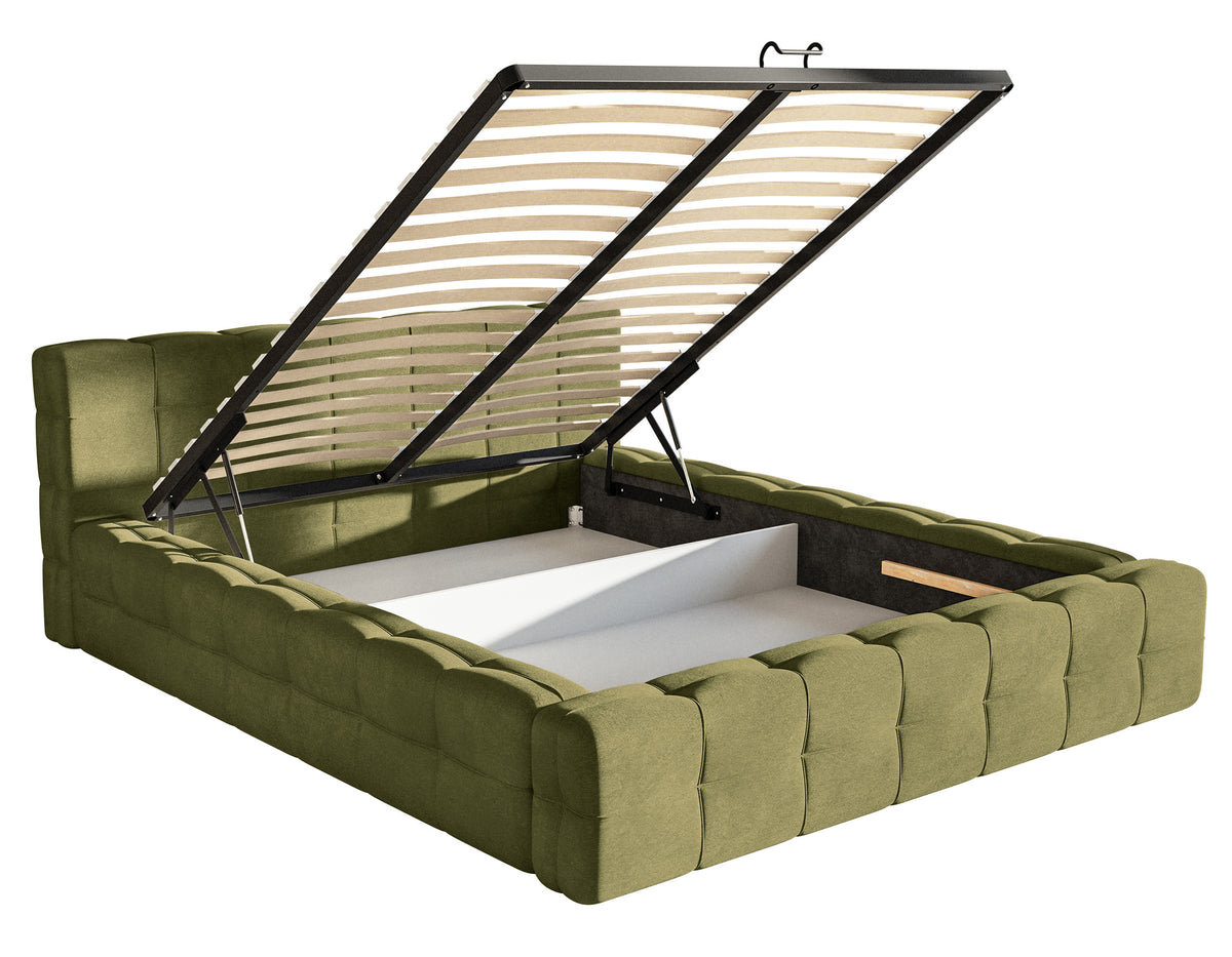 Lit tapissé Puffly 160x200 cm avec rangement, sommier métallique, velours olive