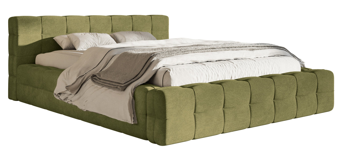 Lit tapissé Puffly 160x200 cm avec rangement, sommier métallique, velours olive