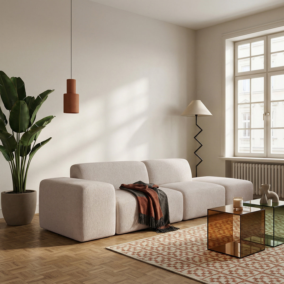Modulares Sofa Pyllomi mit Hocker, warmbeige Flechtoptik
