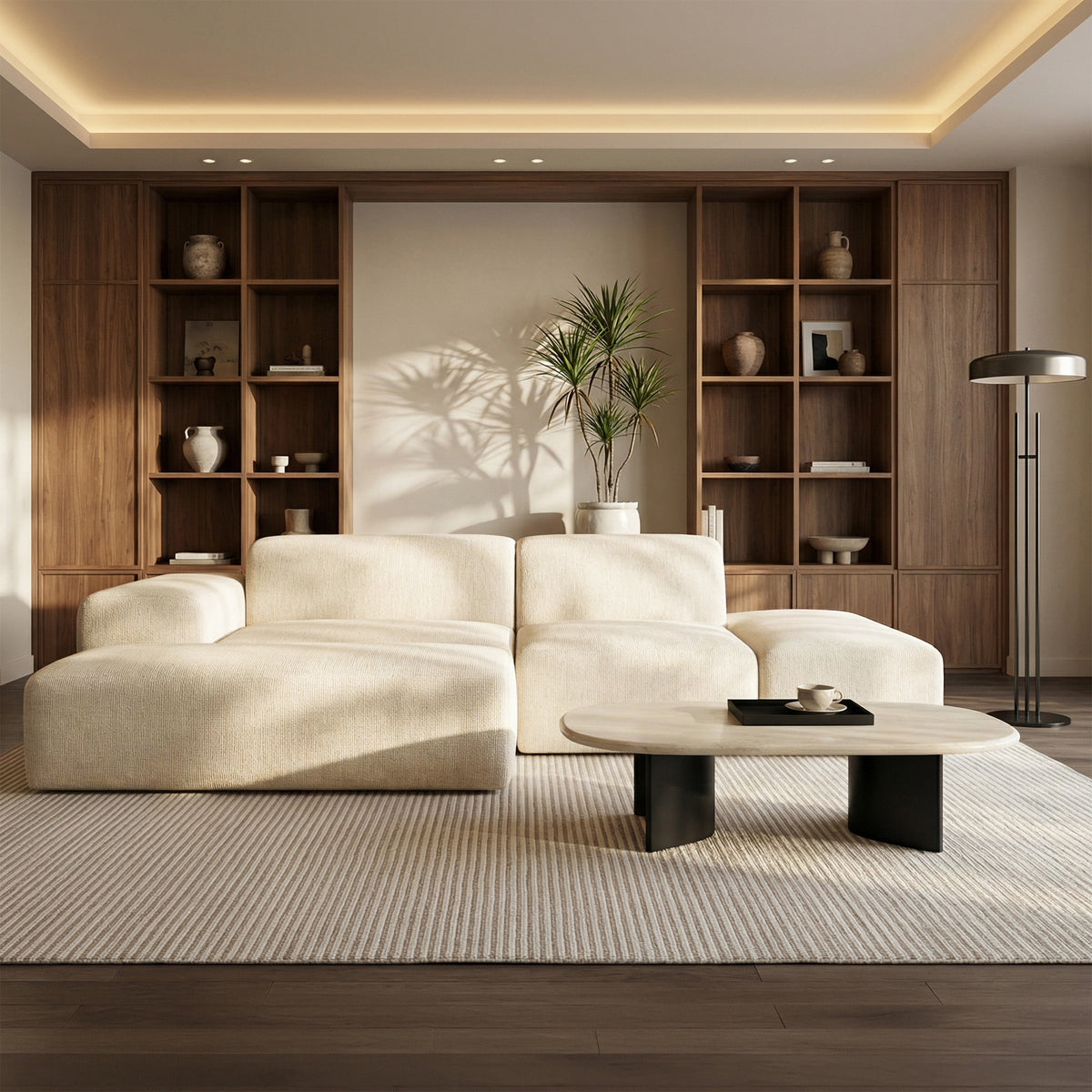 Canapé d'angle modulable Pyllomi en L avec pouf, tissage beige clair