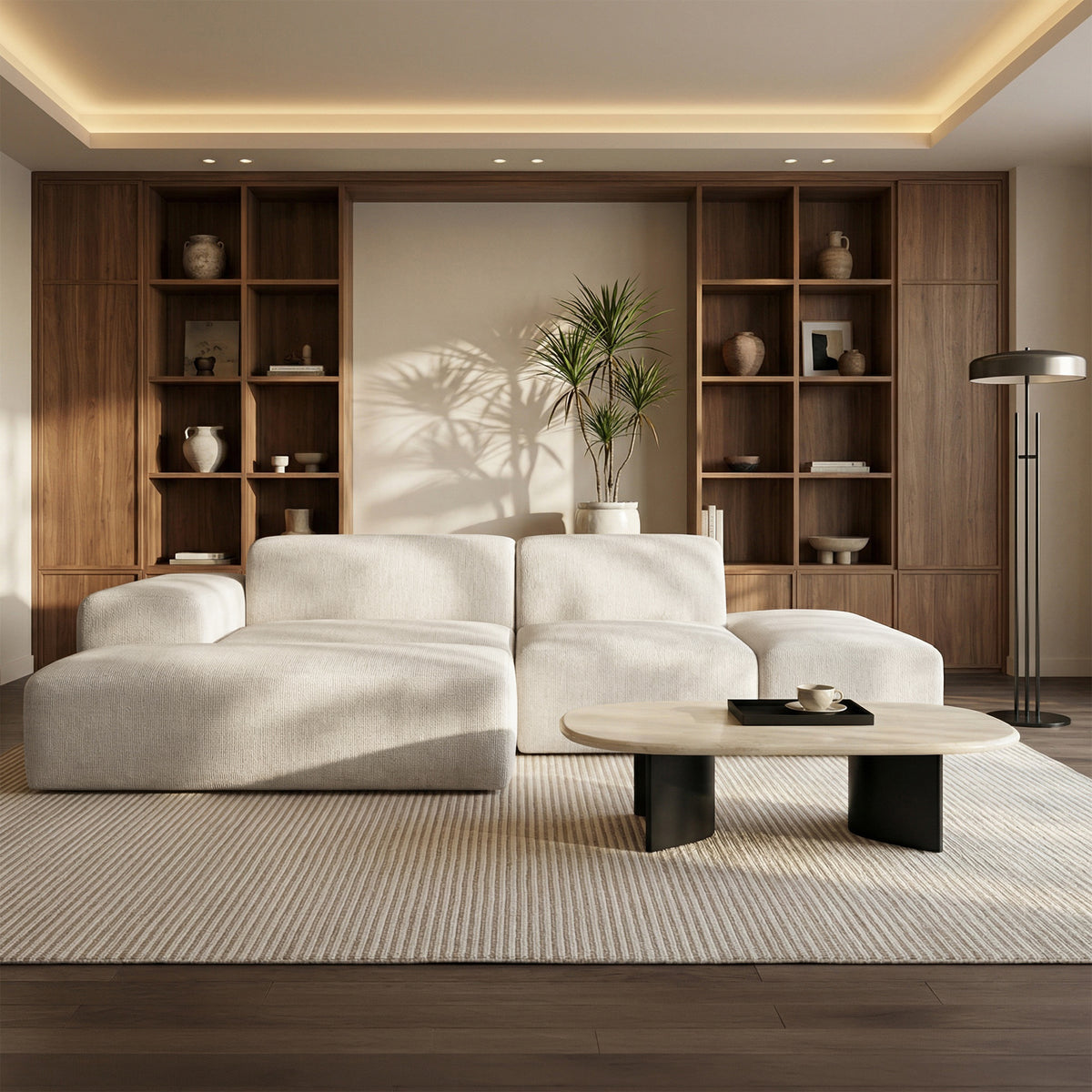 Canapé d'angle modulaire Pyllomi en L avec pouf, tressage crème