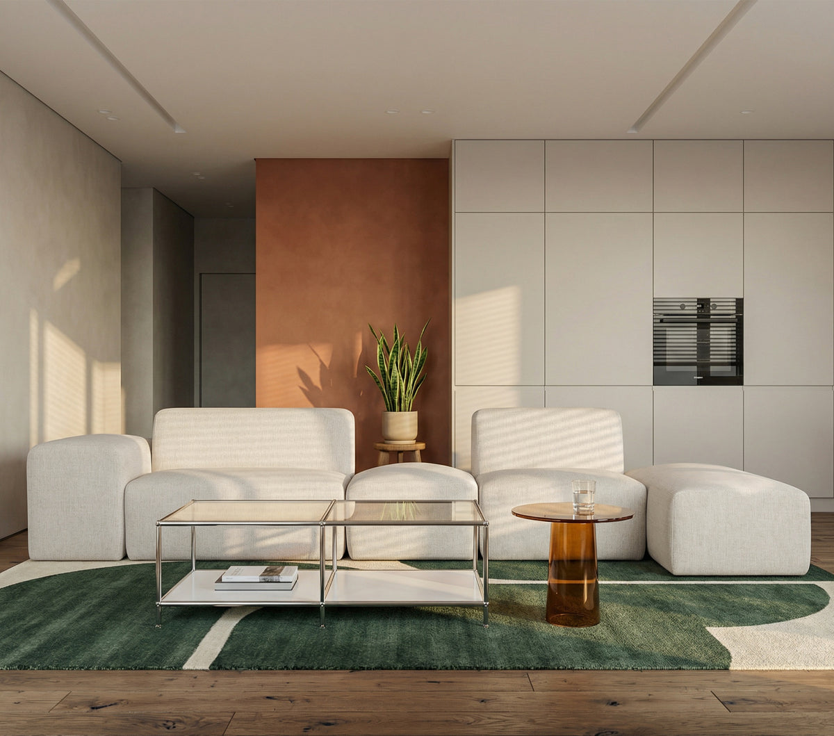 Canapé d'angle modulaire Pyllomi en L avec pouf, tressage crème