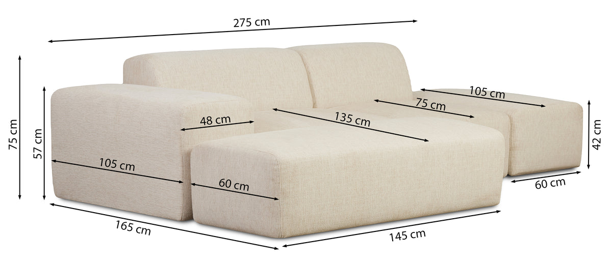 Modulare Eckcouch Pyllomi L-förmig mit Hocker, hellbeige Geflecht