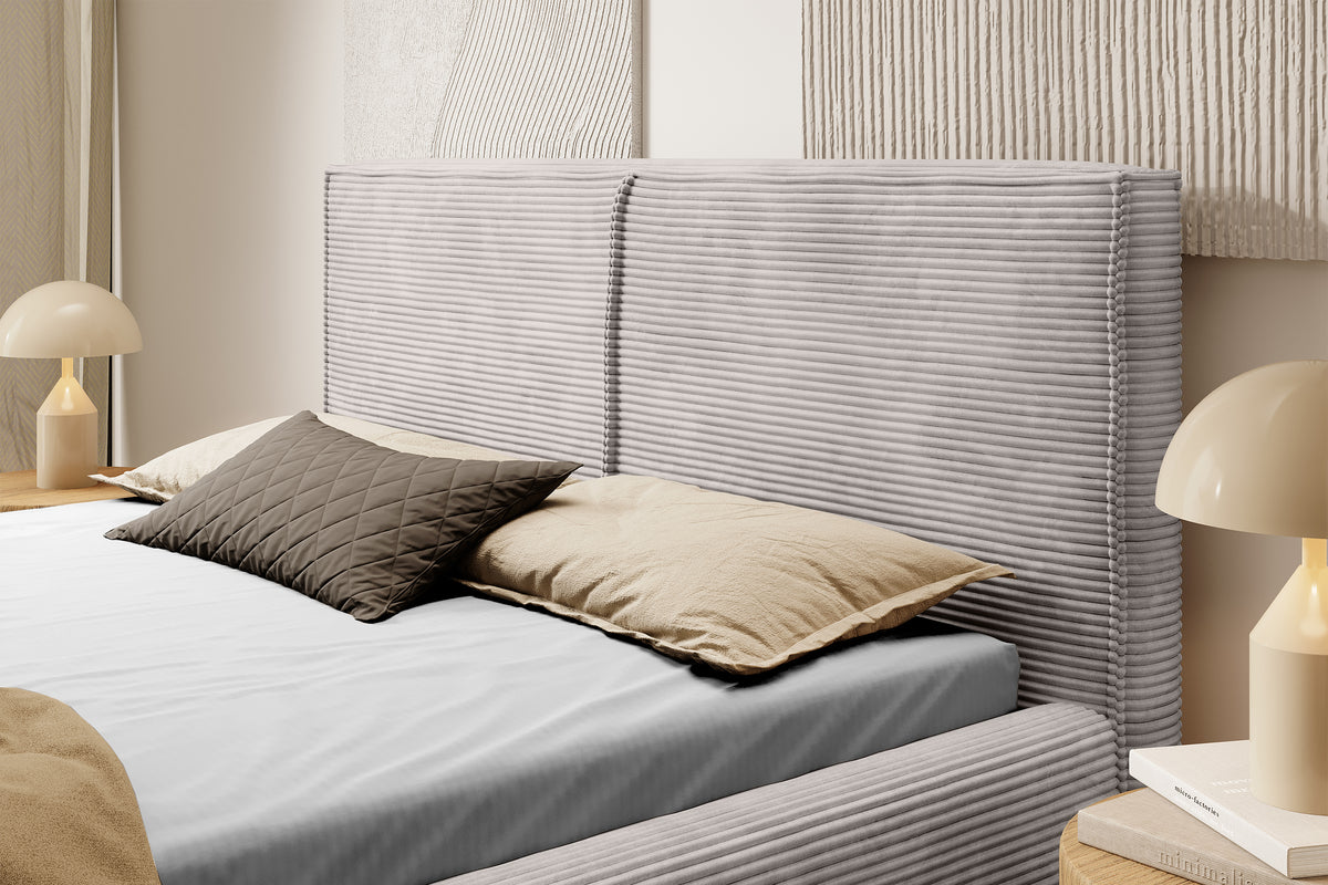 Lit tapissé 180x200 cm Farese avec rangement et vérin à gaz, velours côtelé beige foncé