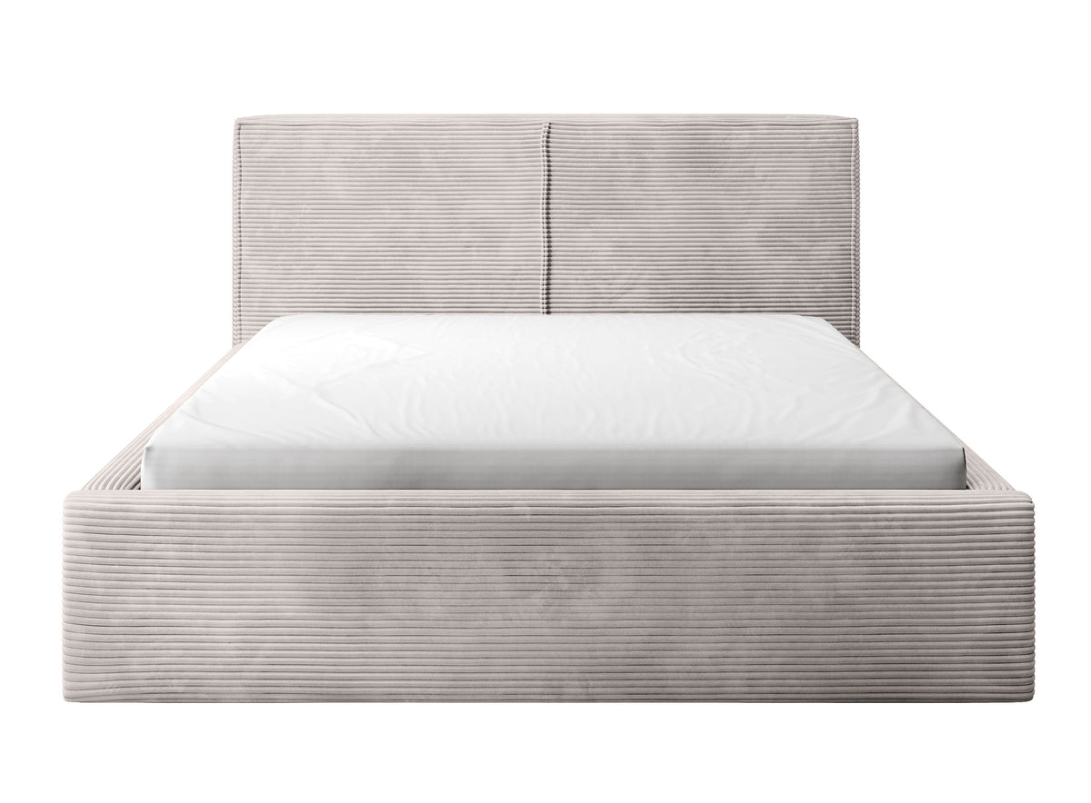 Lit tapissé 180x200 cm Farese avec rangement et vérin à gaz, velours côtelé beige foncé