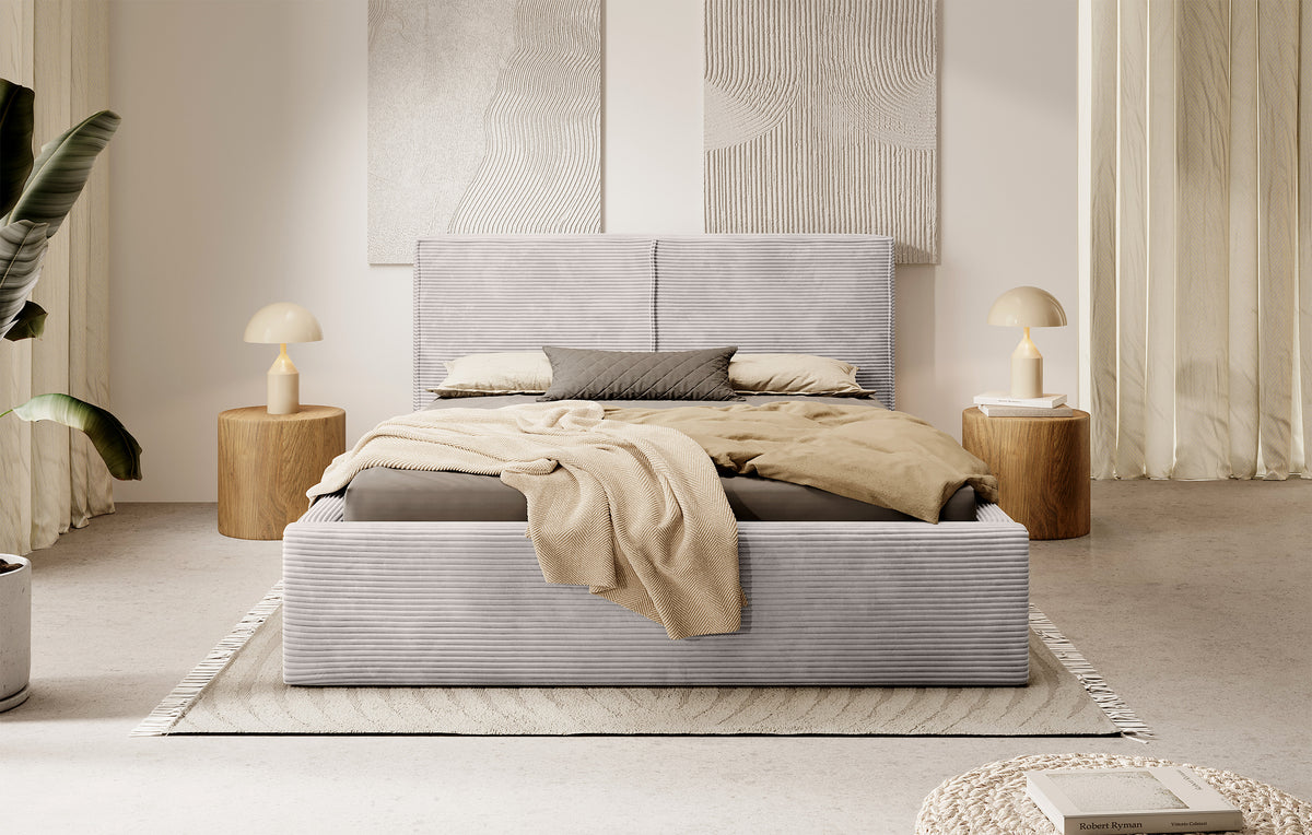 Lit tapissé 180x200 cm Farese avec rangement et vérin à gaz, velours côtelé beige foncé
