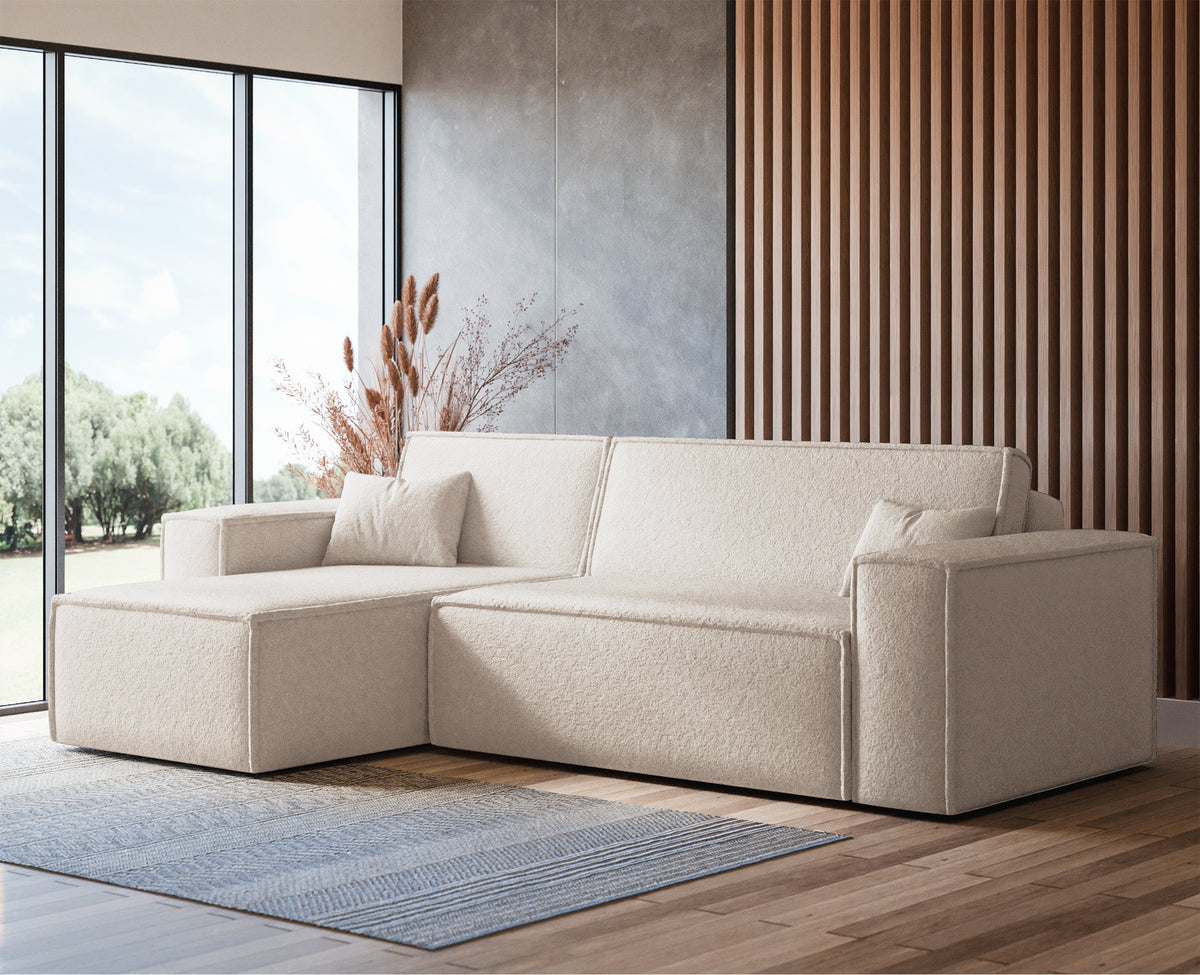 Canapé d'angle convertible Scarlo en L universel avec coffre de rangement, tissu boucle crème