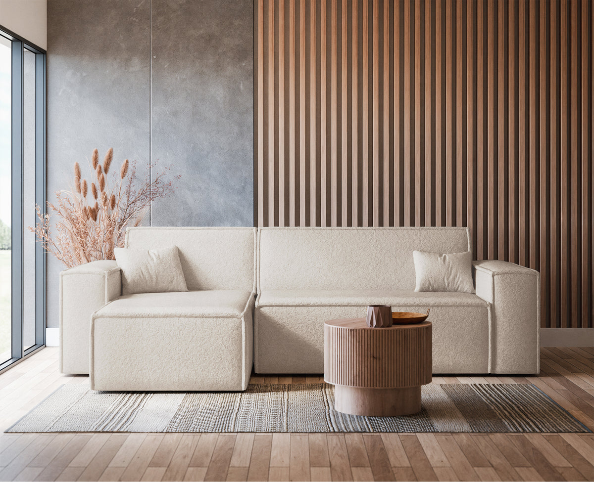 Canapé d'angle convertible Scarlo en L universel avec coffre de rangement, tissu boucle crème