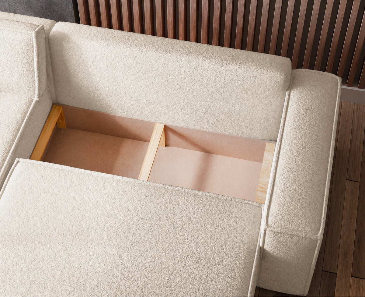 Canapé d'angle convertible Scarlo en L universel avec coffre de rangement, tissu boucle crème