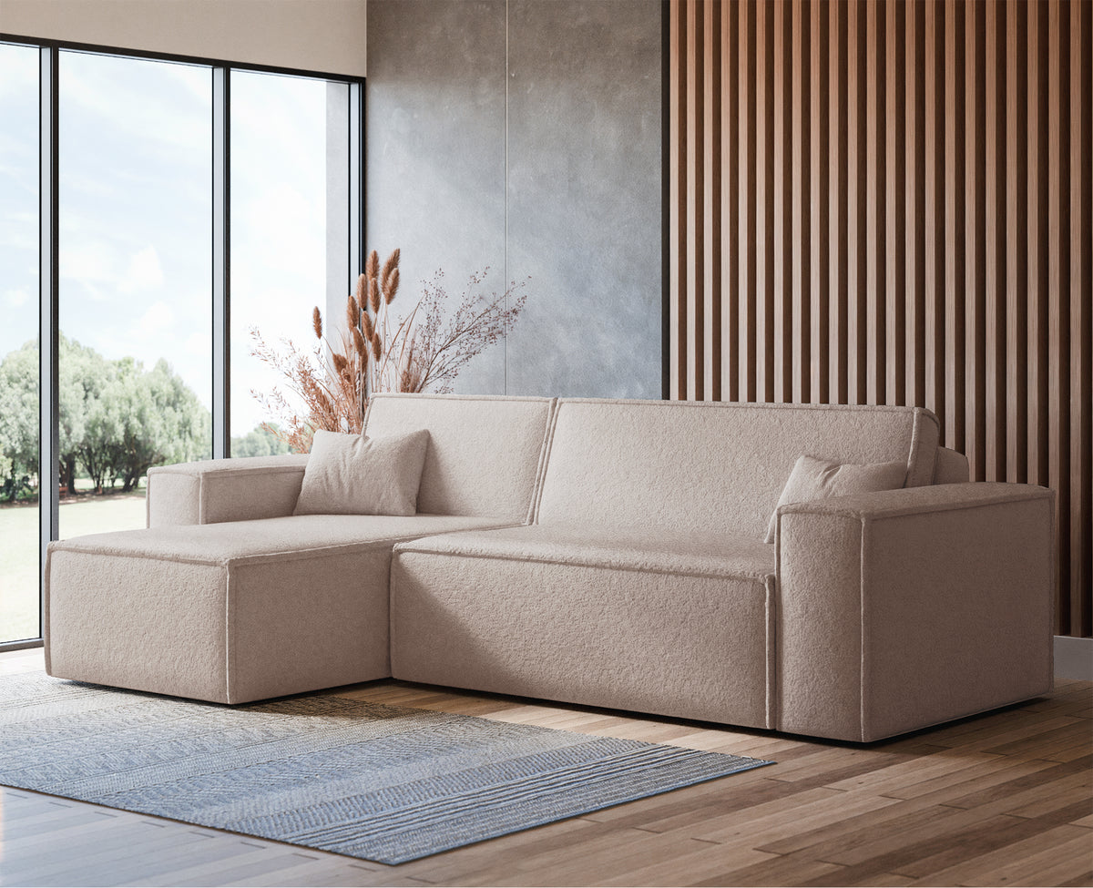 Canapé d'angle universel Scarlo L avec fonction couchage et coffre de rangement, bouclé beige clair