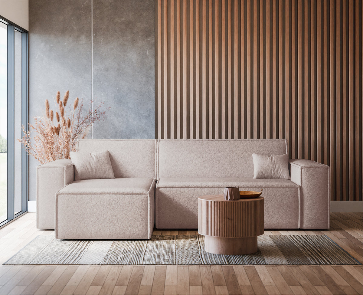 Canapé d'angle universel Scarlo L avec fonction couchage et coffre de rangement, bouclé beige clair