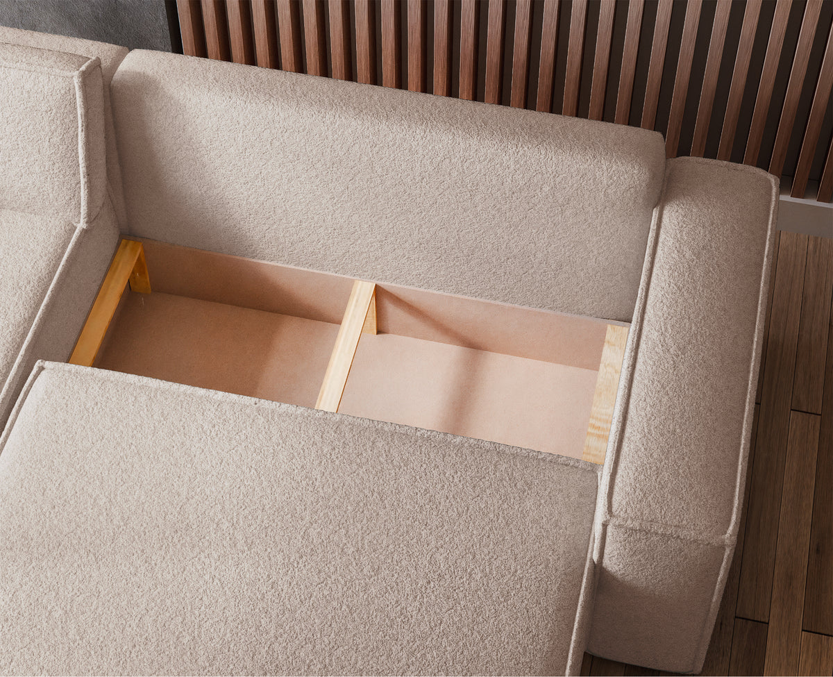 Canapé d'angle universel Scarlo L avec fonction couchage et coffre de rangement, bouclé beige clair
