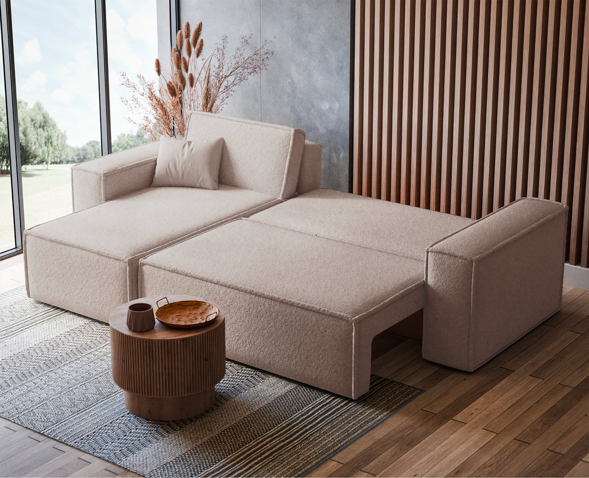 Canapé d'angle universel Scarlo L avec fonction couchage et coffre de rangement, bouclé beige clair