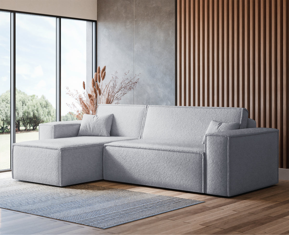 Canapé d'angle convertible Scarlo en L universel avec coffre, bouclé gris clair