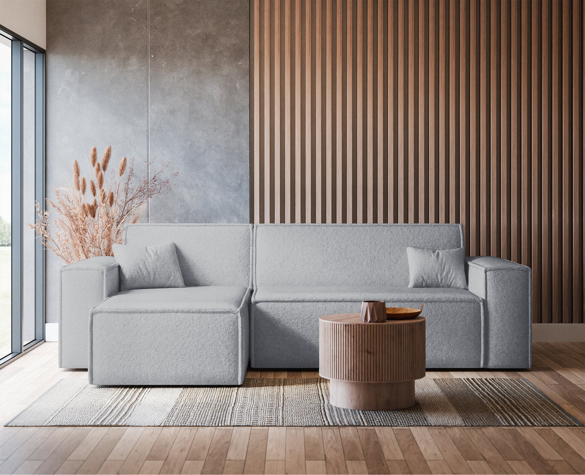 Canapé d'angle convertible Scarlo en L universel avec coffre, bouclé gris clair
