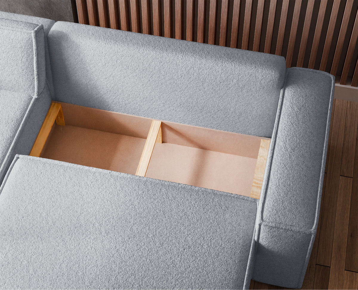 Canapé d'angle convertible Scarlo en L universel avec coffre, bouclé gris clair