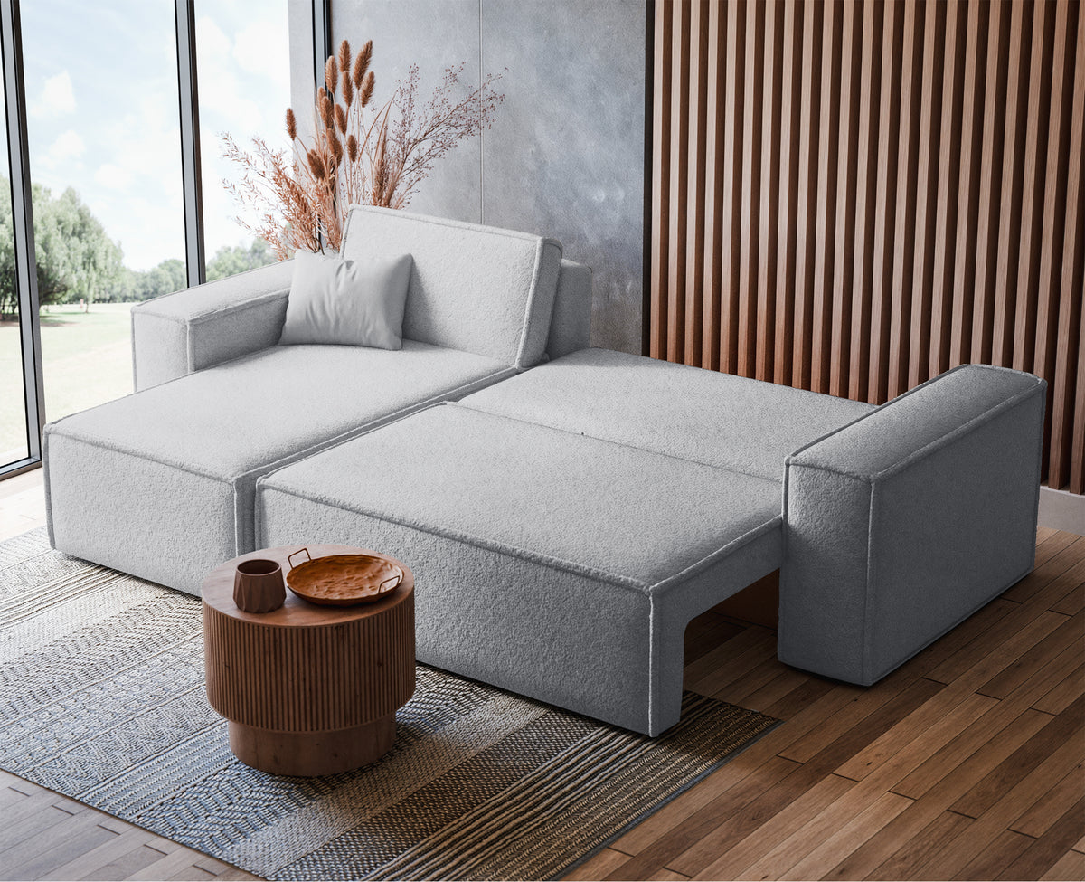 Canapé d'angle convertible Scarlo en L universel avec coffre, bouclé gris clair
