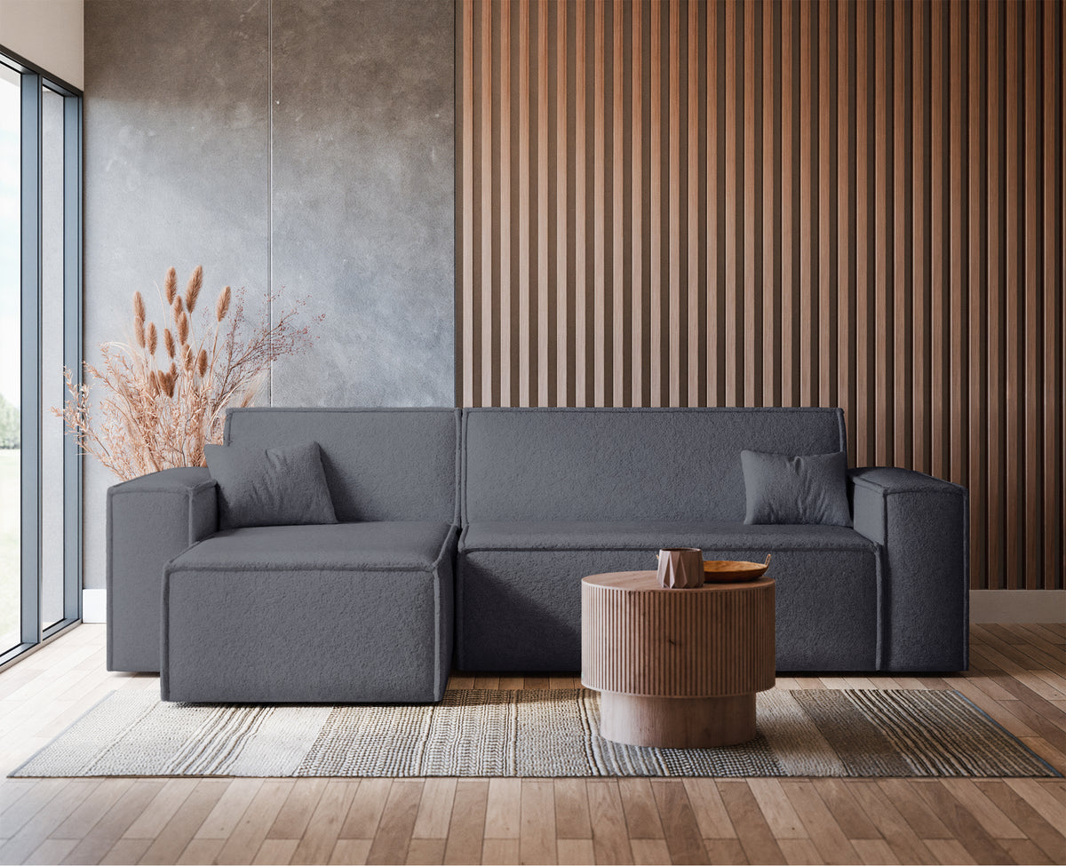 Canapé d'angle convertible Scarlo en L universel avec coffre, bouclé gris foncé