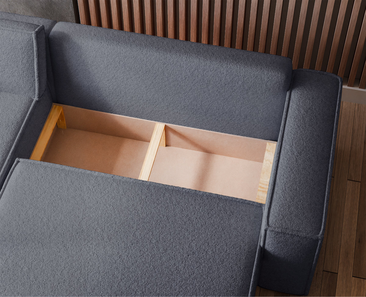 Canapé d'angle convertible Scarlo en L universel avec coffre, bouclé gris foncé
