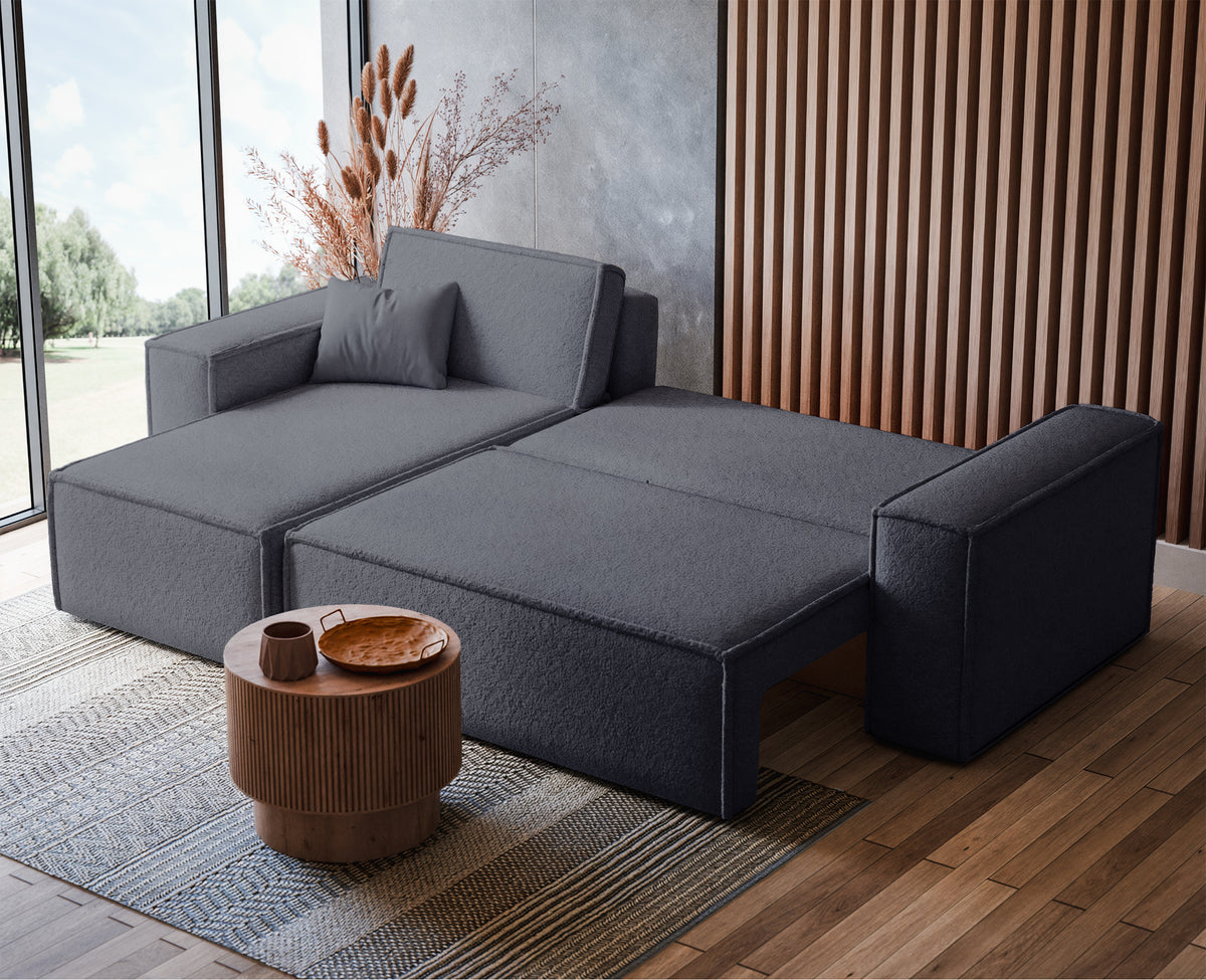 Canapé d'angle convertible Scarlo en L universel avec coffre, bouclé gris foncé