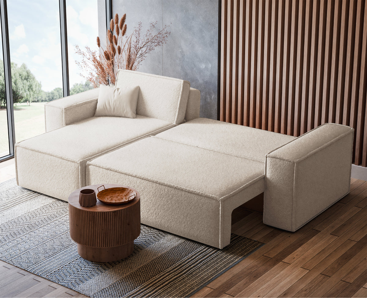 Canapé d'angle convertible Scarlo en L universel avec coffre de rangement, tissu boucle crème