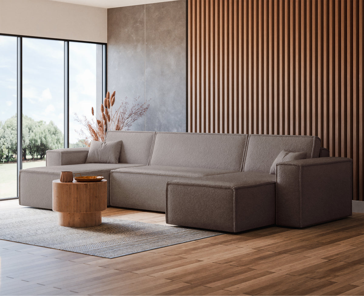 Canapé d'angle convertible Scarlo en U universel avec coffre, bouclé marron clair