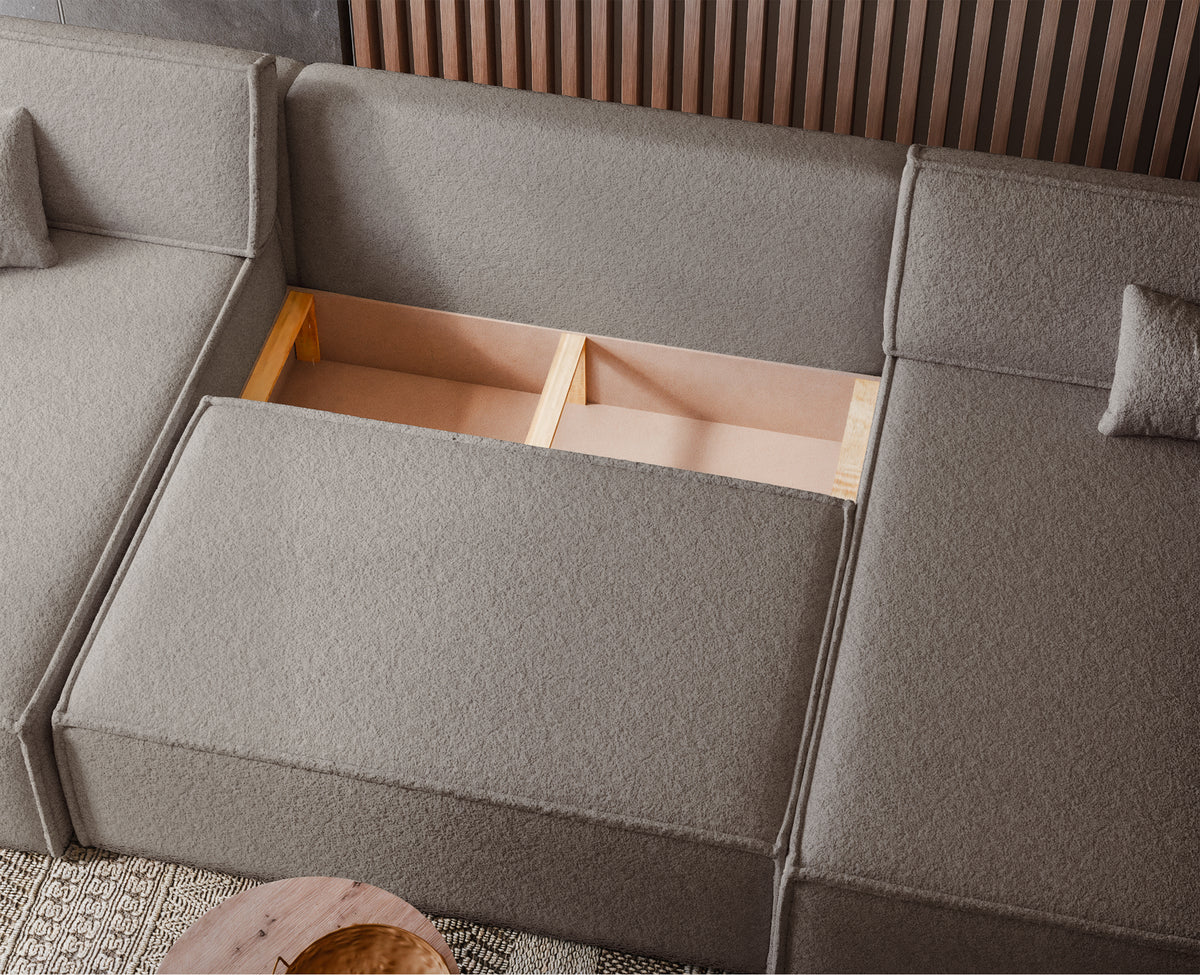 Canapé d'angle convertible Scarlo en U universel avec coffre, bouclé marron clair