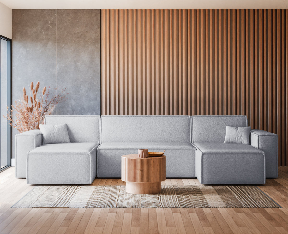 Canapé d'angle convertible Scarlo en U universel avec coffre de rangement, tissu boucle gris clair