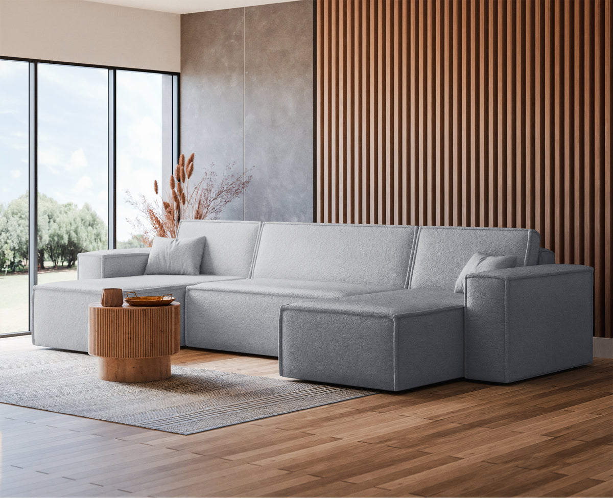 Canapé d'angle convertible Scarlo en U universel avec coffre de rangement, tissu boucle gris clair