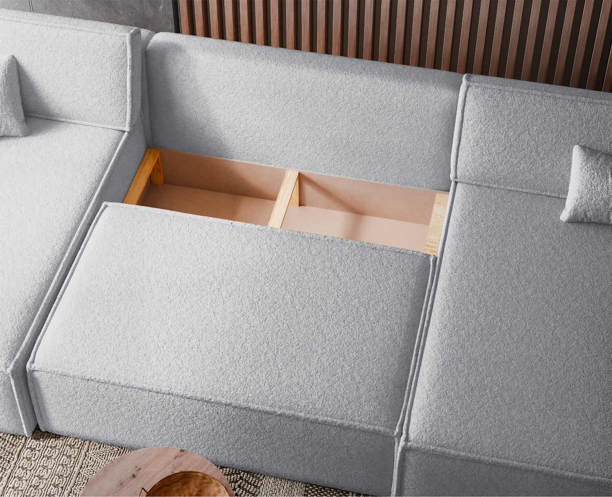 Canapé d'angle convertible Scarlo en U universel avec coffre de rangement, tissu boucle gris clair