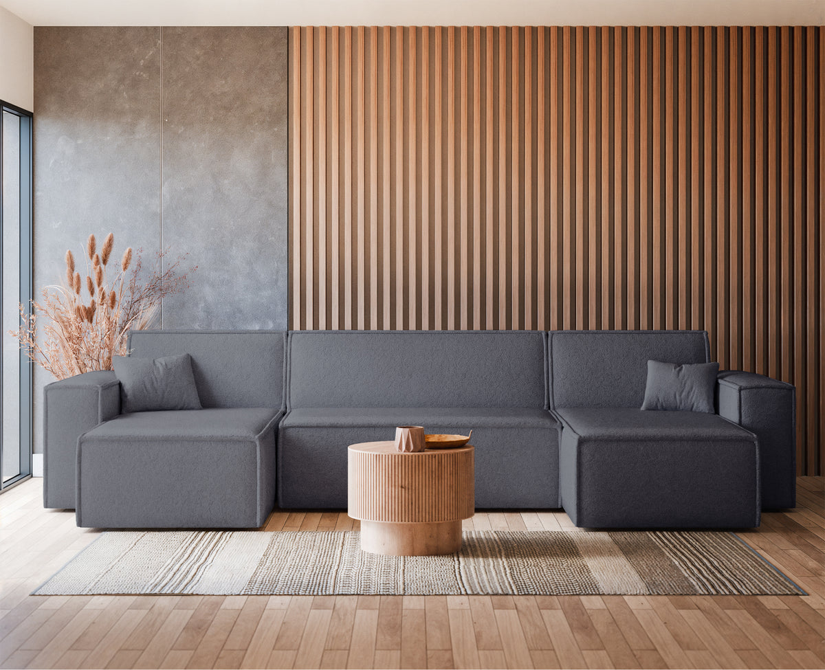Canapé d'angle convertible Scarlo en U universel avec rangement, bouclé gris foncé