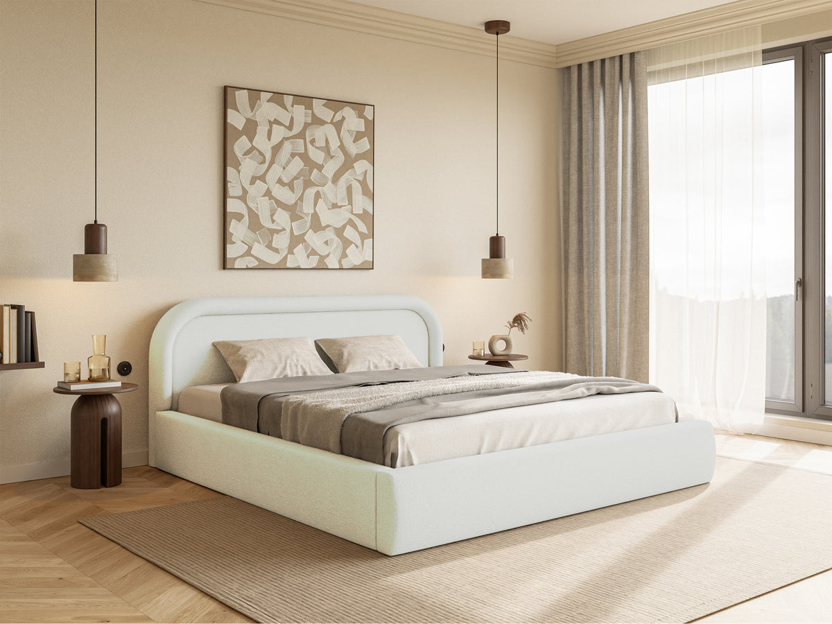 Lit tapissé 180x200 cm Ruvi avec rangement en chenille crème