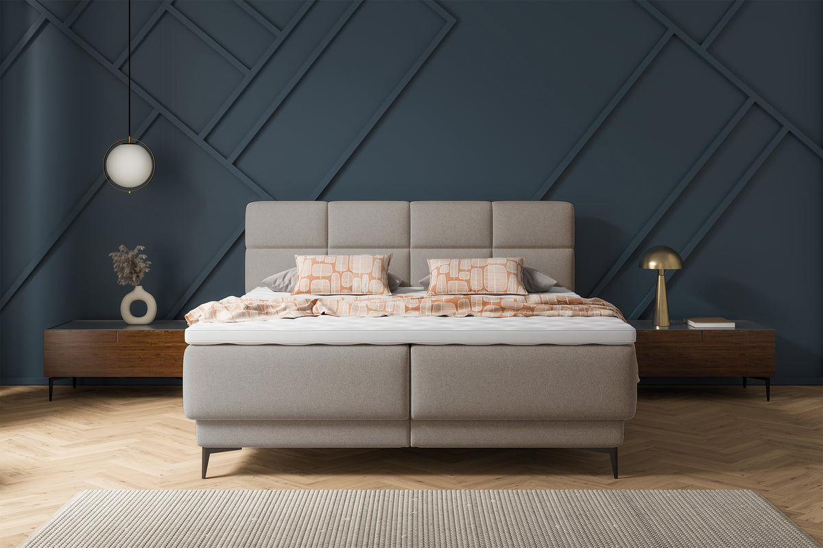 Kontinentales Bett 140x200 cm Rektango mit Stauraum und Topper, beiger Samt