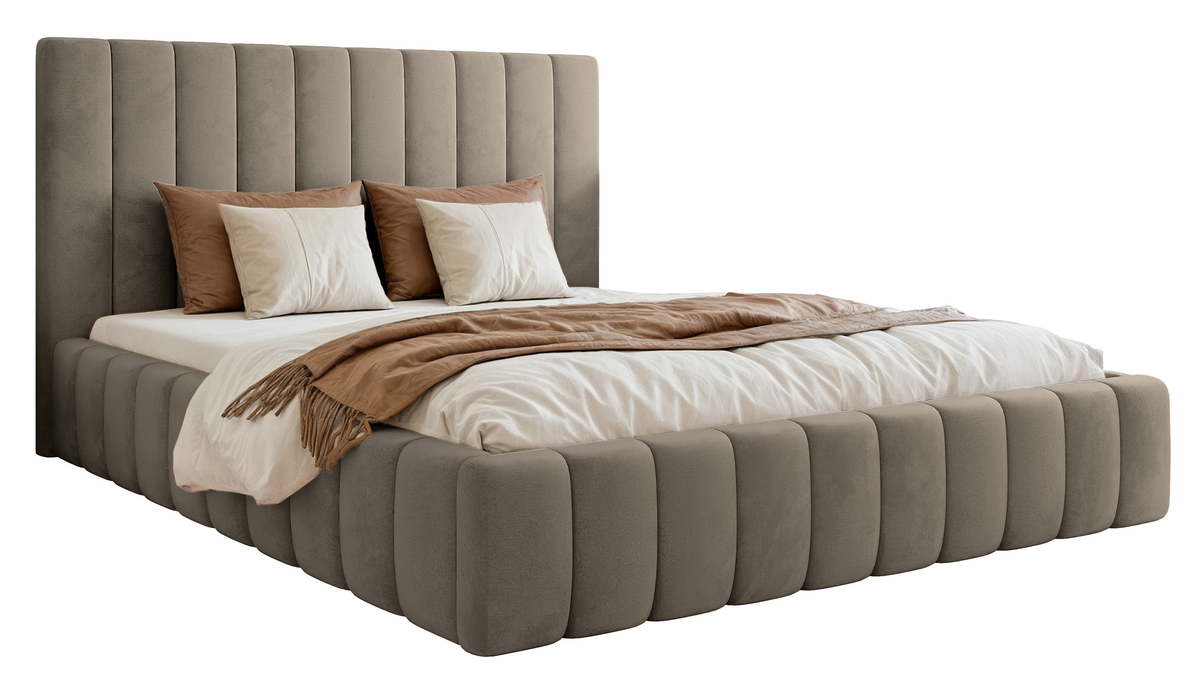 Lit tapissé 160x200 cm Fiarro avec coffre de rangement pour la literie, velours gris beige, cadre métallique