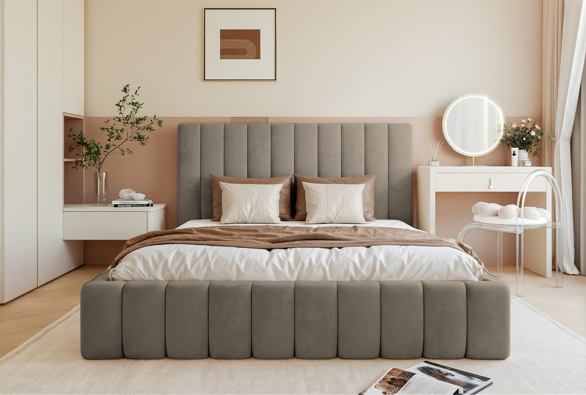 Lit tapissé 160x200 cm Fiarro avec coffre de rangement pour la literie, velours gris beige, cadre métallique