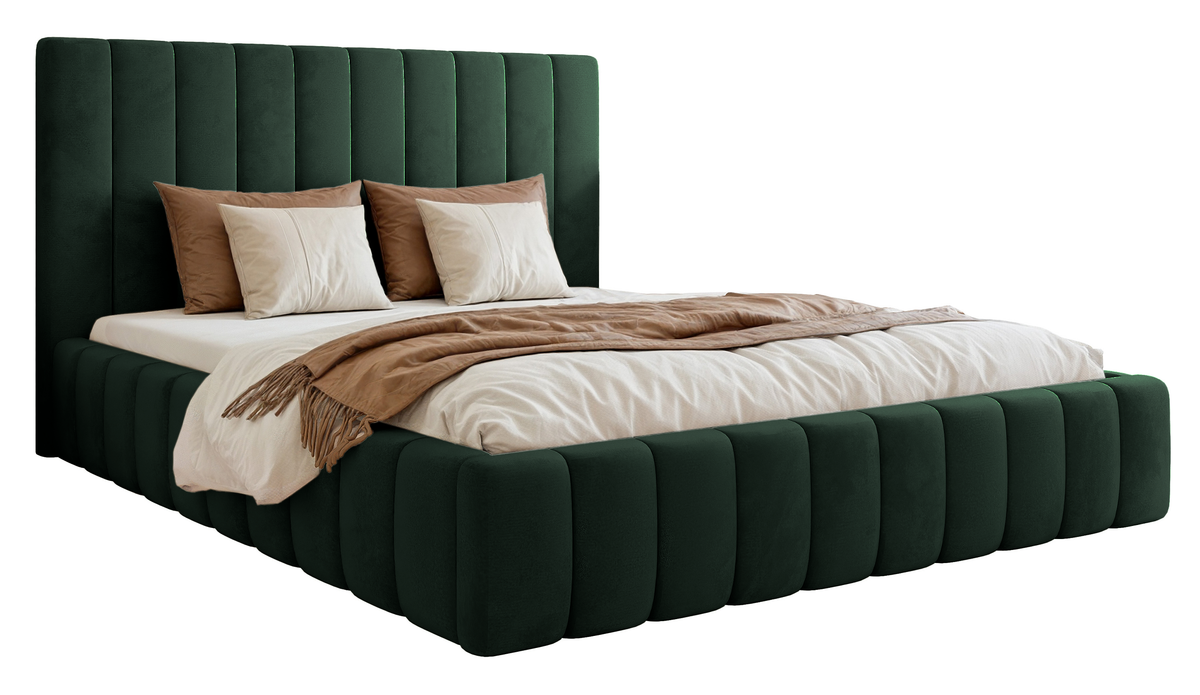 Lit tapissé 140x200 cm Fiarro avec rangement pour linge de lit, velours vert foncé, cadre métallique