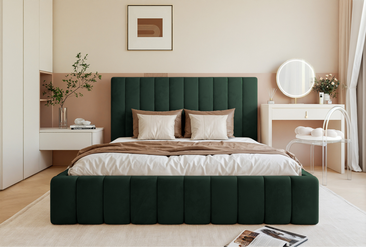 Lit tapissé 140x200 cm Fiarro avec rangement pour linge de lit, velours vert foncé, cadre métallique