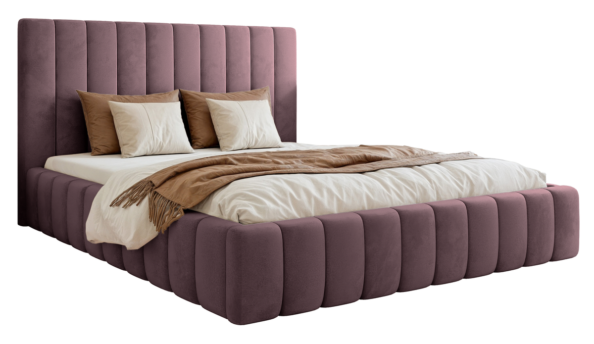 Lit tapissé 180x200 cm Fiarro avec coffre de rangement pour la literie, velours violet, cadre métallique