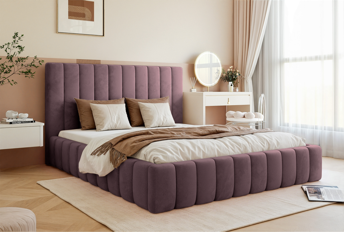 Lit tapissé 140x200 cm Fiarro avec coffre de rangement pour linge de lit, velours violet, cadre métallique