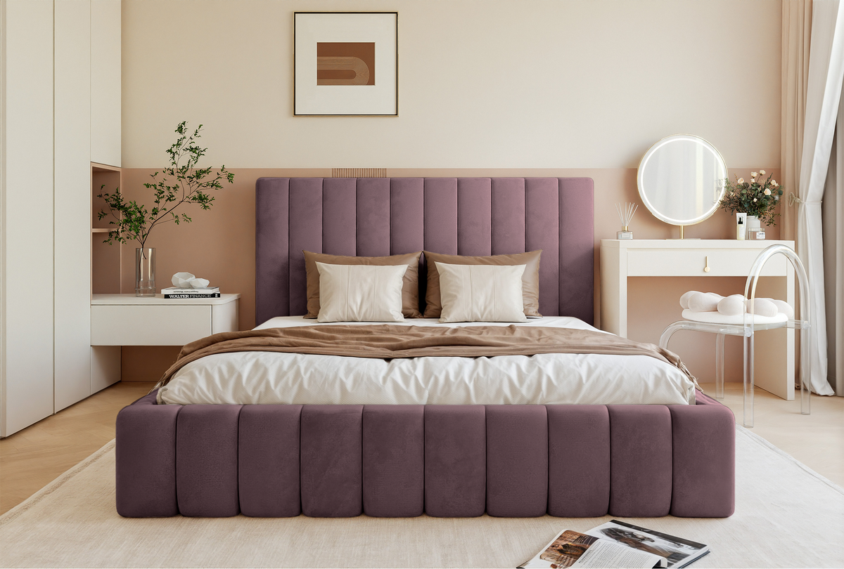 Lit tapissé 140x200 cm Fiarro avec coffre de rangement pour linge de lit, velours violet, cadre métallique