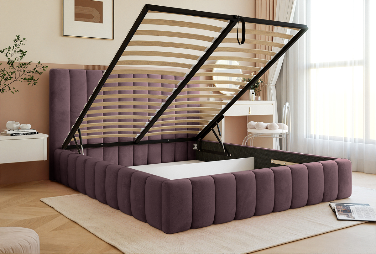 Polsterbett 160x200 cm Fiarro mit Bettkasten, violetter Samt, Metallrahmen